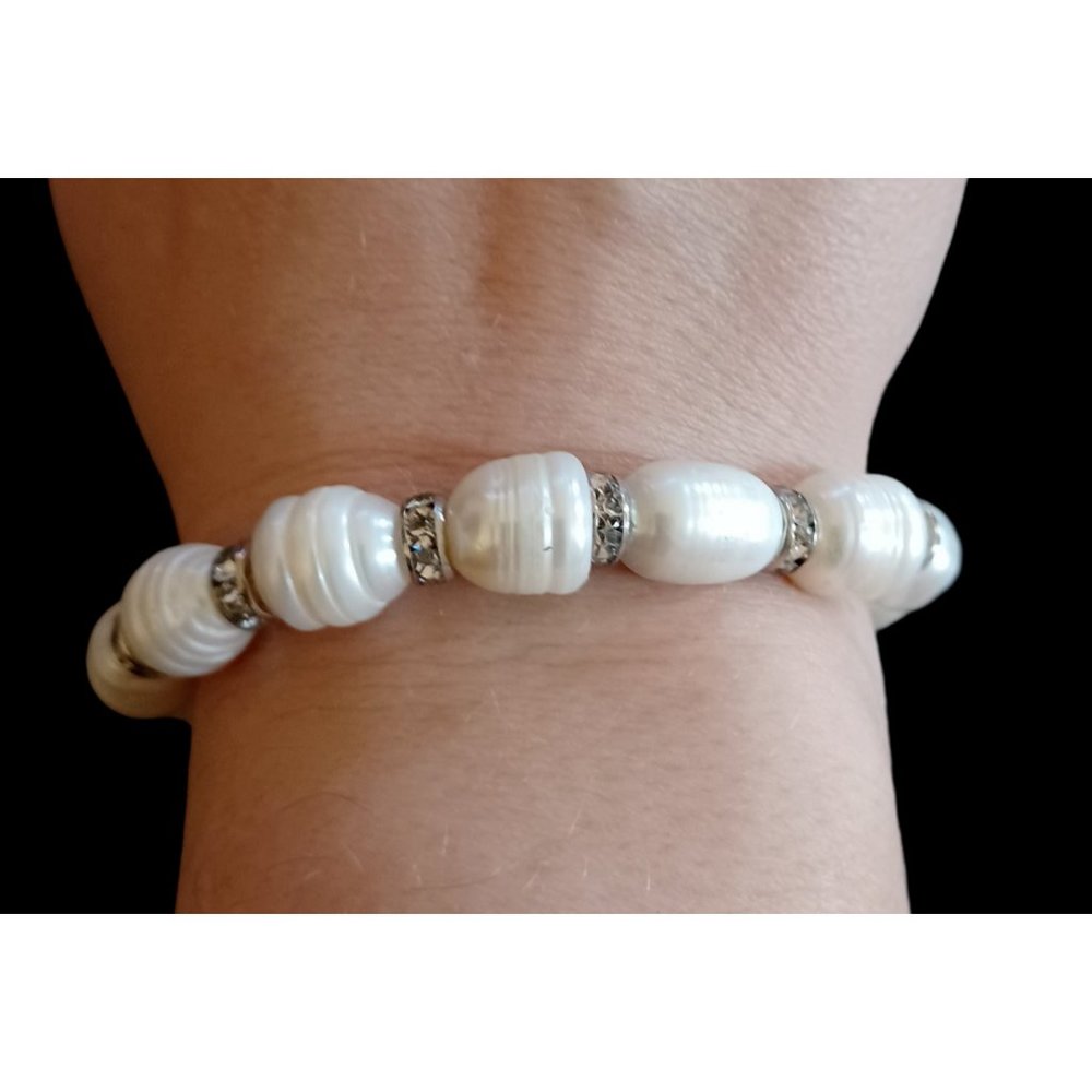 Vintage Large White Natural Pearl Clear Crystal Beaded Silver Tone Bracelet